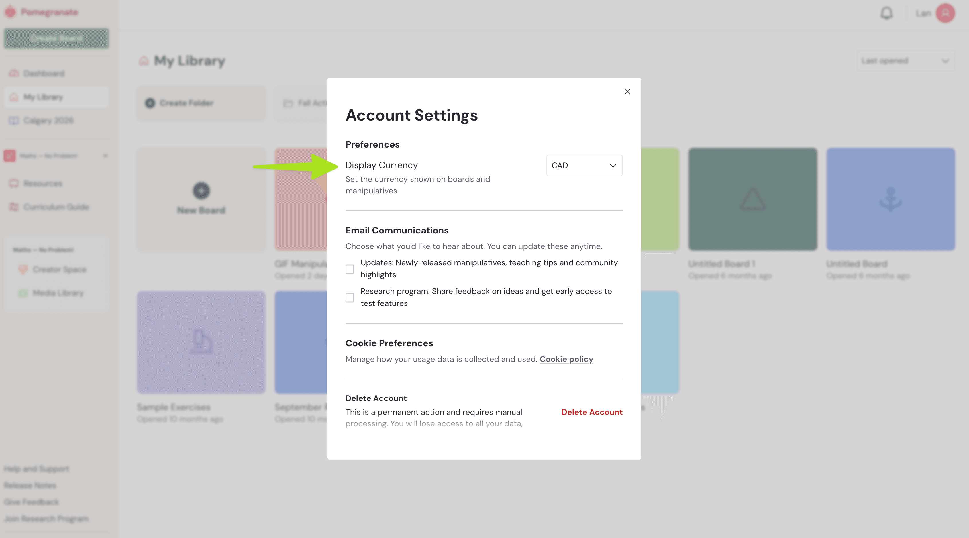 Screenshot of Account Settings window with buttons to change preferences